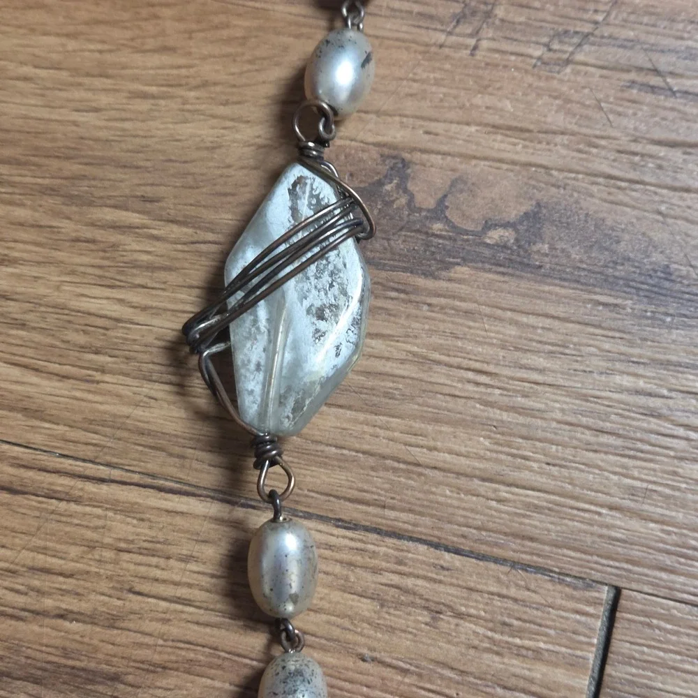 Artisan Wire Wrapped Glass Stone Necklace Bronze Silver Tone Boho Whimsigoth